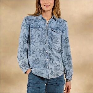 Sundance Floral Fountains Top Denim Blue Button Down PL Long Sleeve NWT